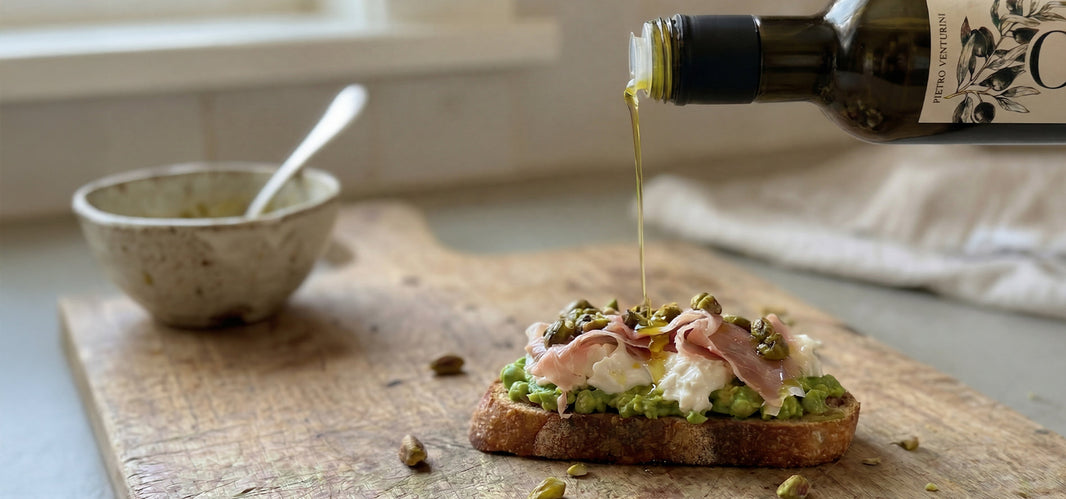 Fresh English Pea & Burrata Tartine with Mint Pistachio Gremolata, Prosciutto di Parma & Extra Virgin Olive Oil Recipe