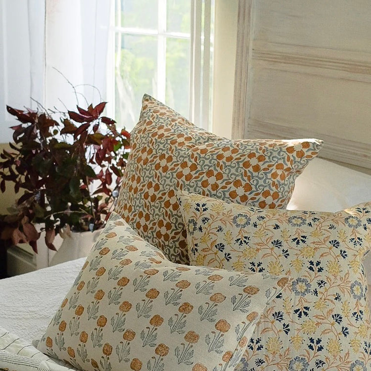 Zoya Hand Block Printed Linen Pillow Cover, 22x22 - Bloomist