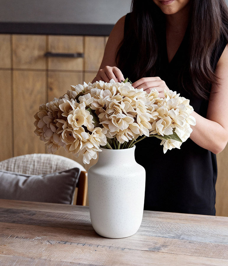 Faux champagne hydrangea bouquet of 10 stems with soft rounded champagne petals