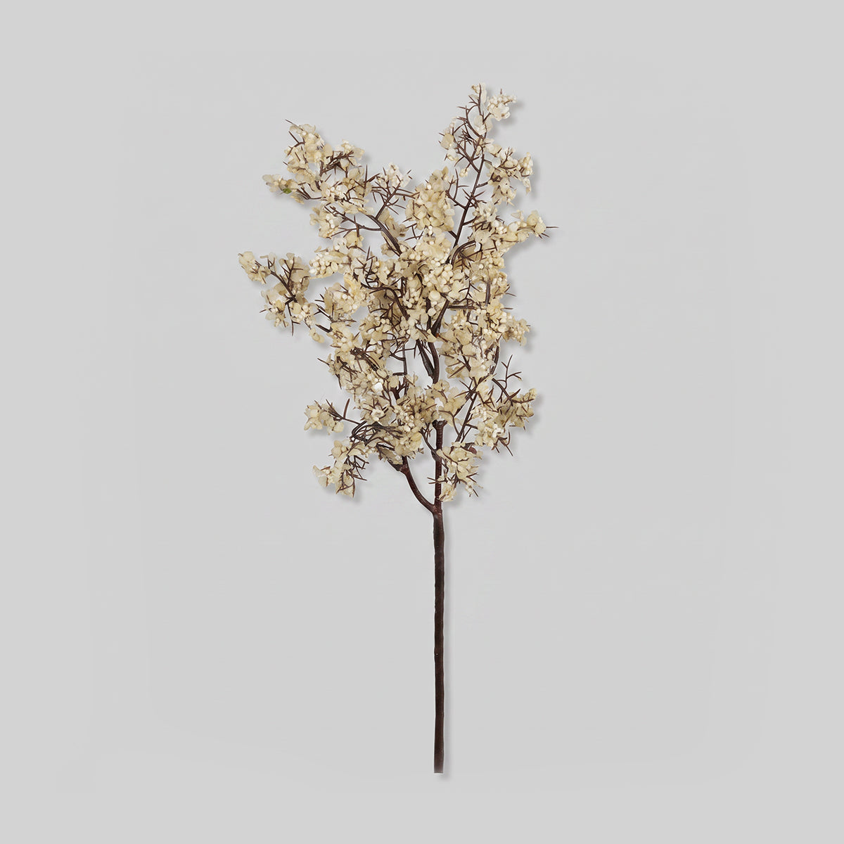 Faux Sedge, Winter Dew featuring fine dark branching stems and delicate cream blossoms on a faux botanical stem. 