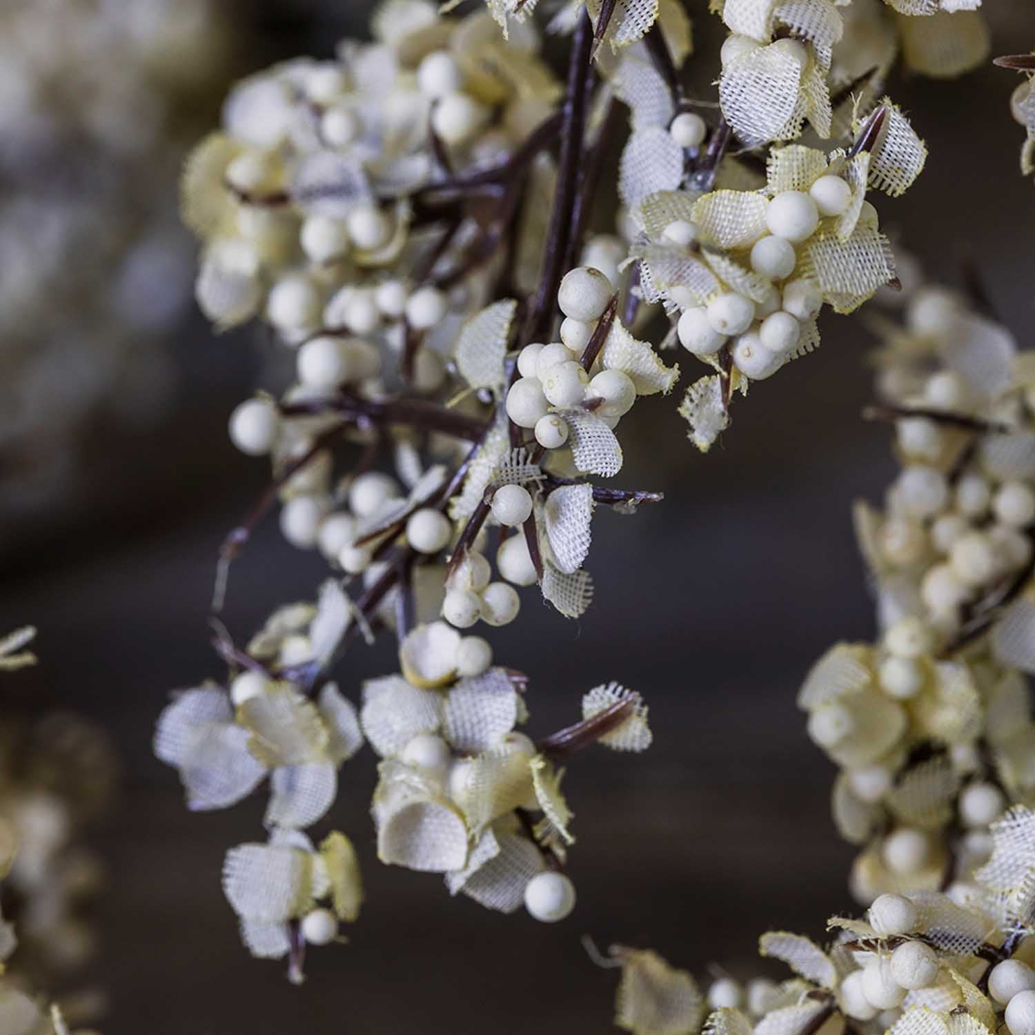 Artificial Sedge, Winter Dew featuring fine dark branching stems and delicate cream blossoms on a faux botanical stem. 
