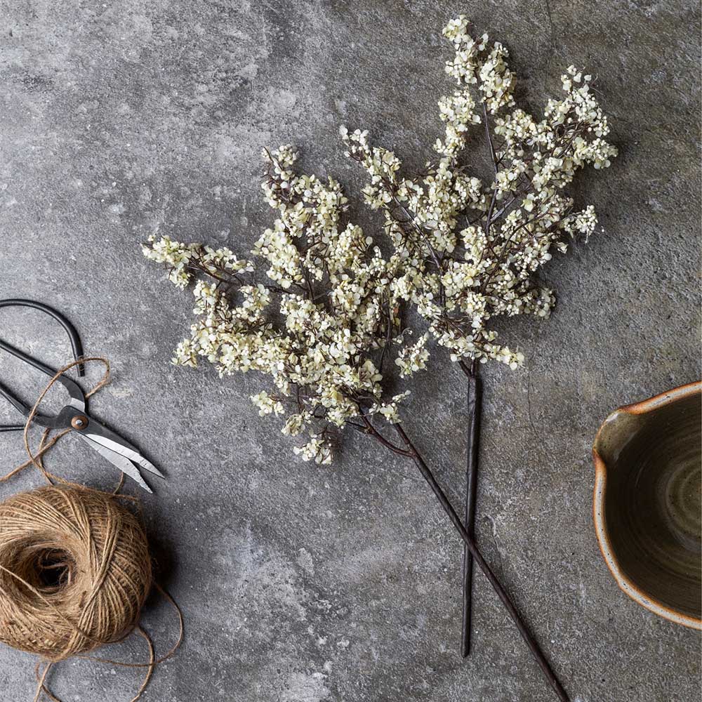 Artificial Sedge, Winter Dew featuring fine dark branching stems and delicate cream blossoms on a faux botanical stem. 