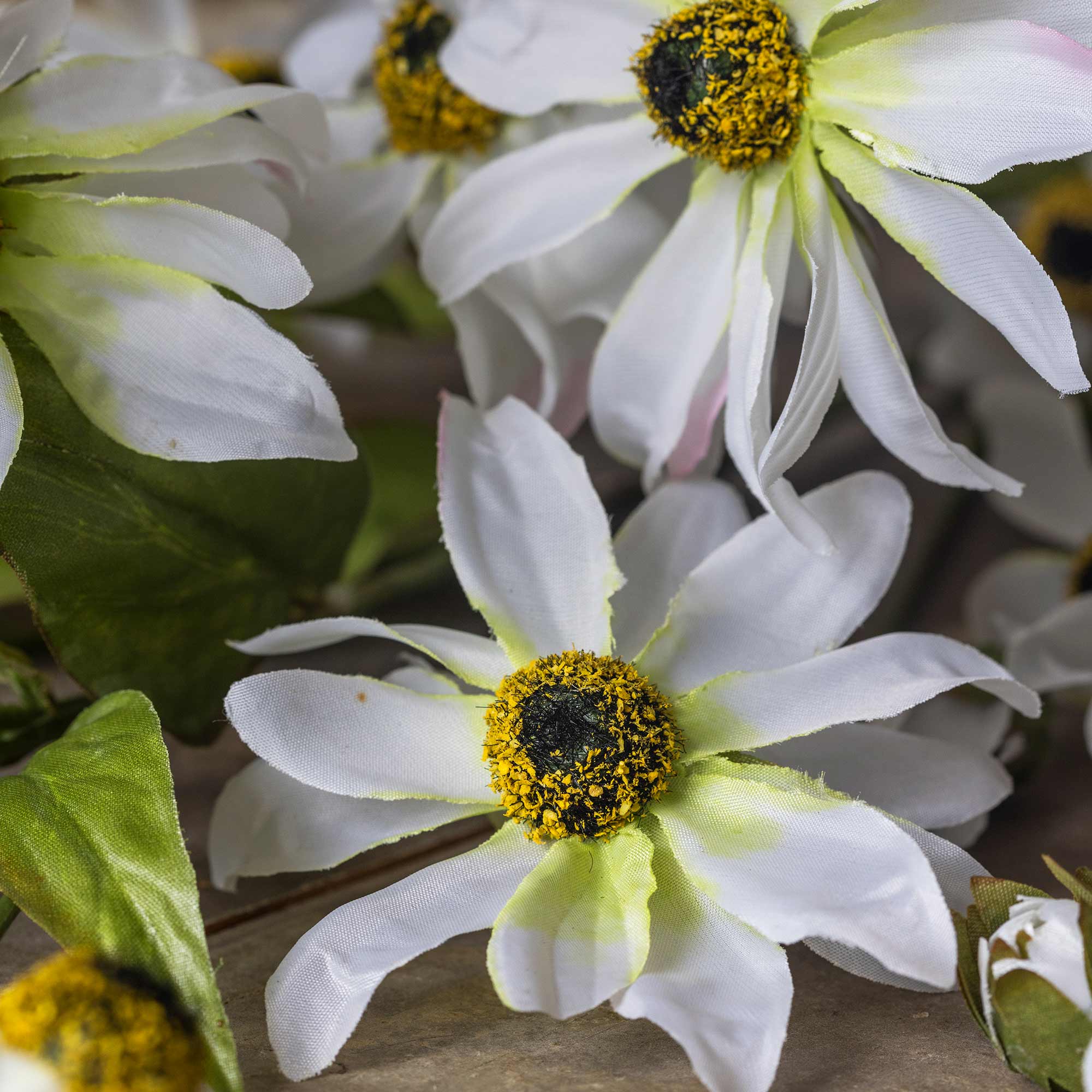 Close-up of faux cosmos blooms with white petals and yellow centers