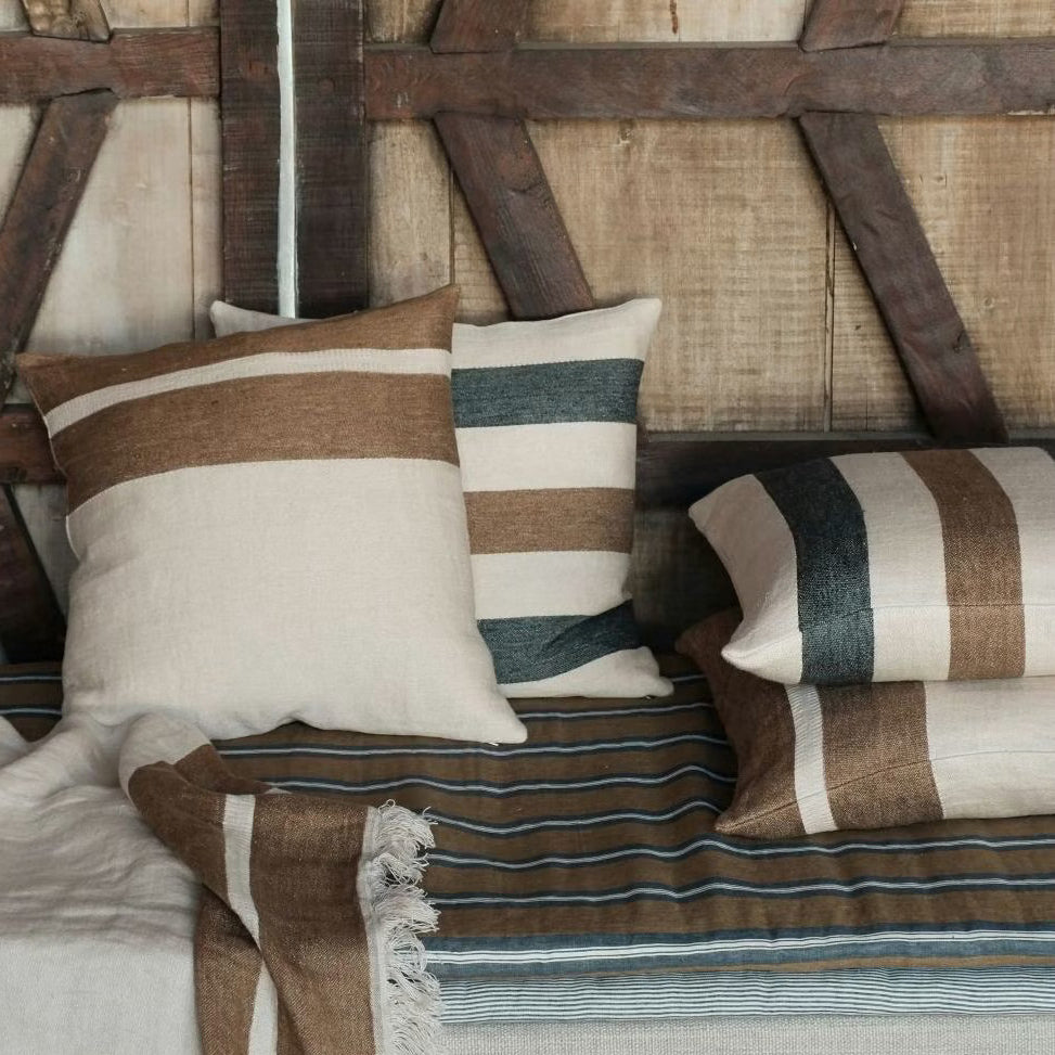Stripe pillow with bold horizontal stripe bands in brown and charcoal, insert included