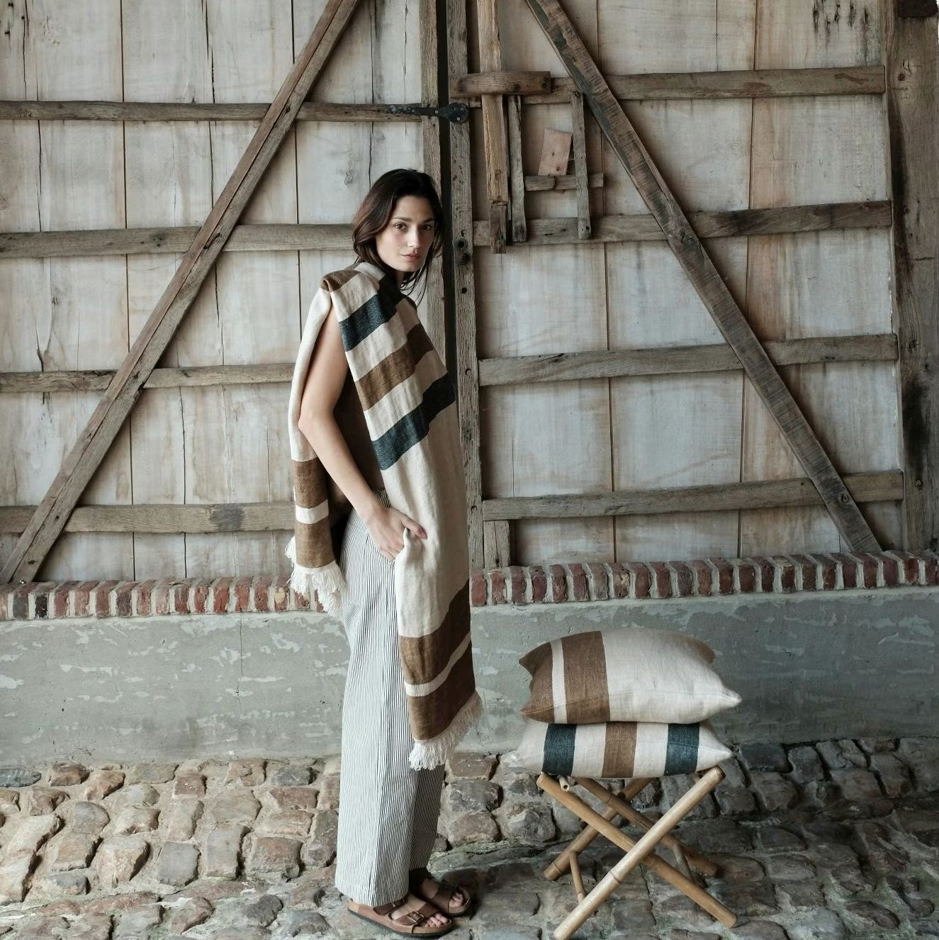 Brown stripe pillow woven in Meulebeke Belgium