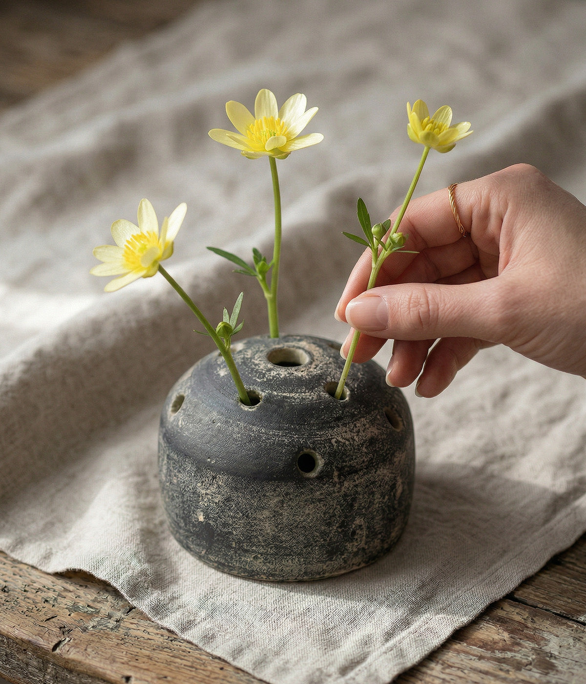 Ceramic flower frog vase with stem arranging holes