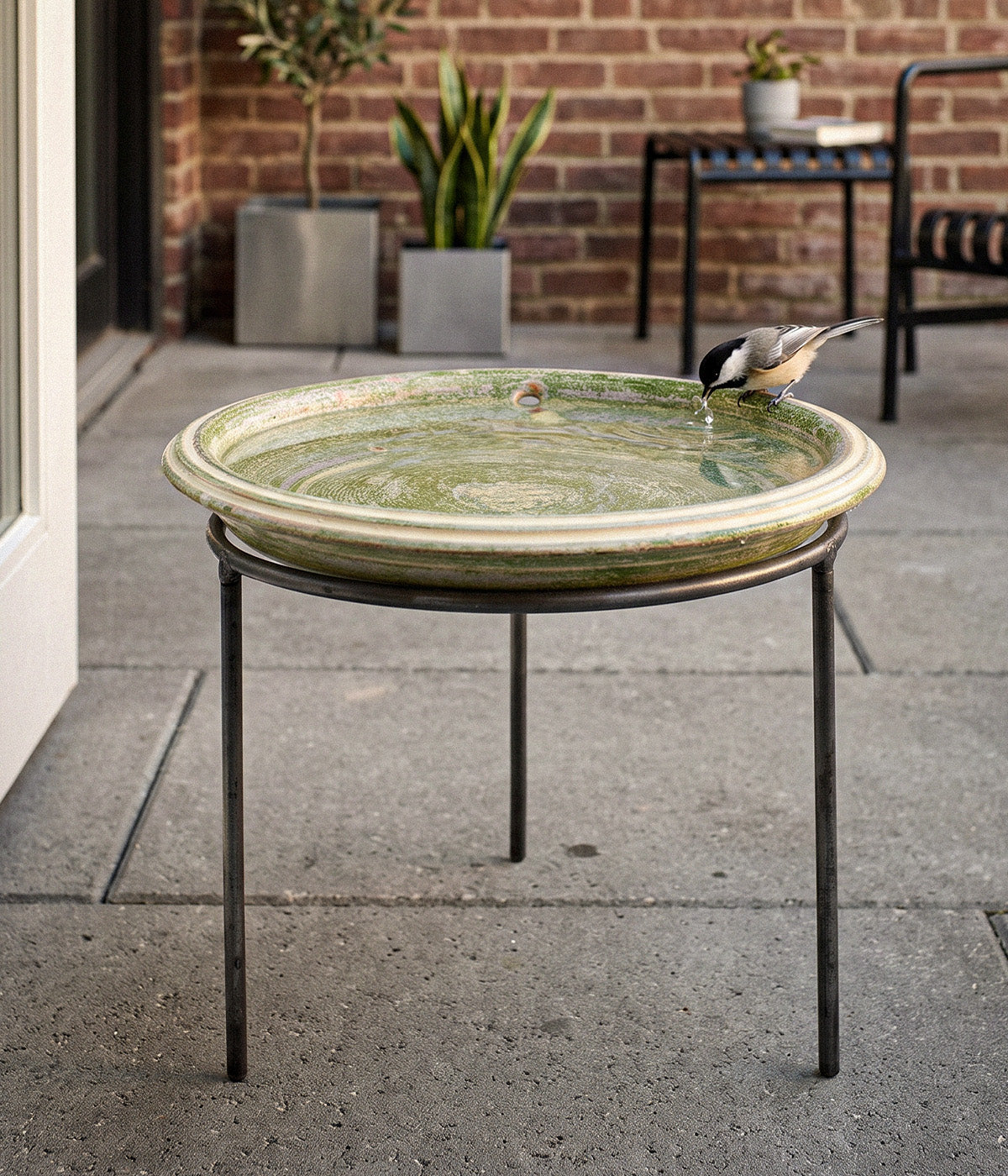 Garden Sage terracotta bird bath filled with water on a wrought iron stand, with a bird drinking on an outdoor patio