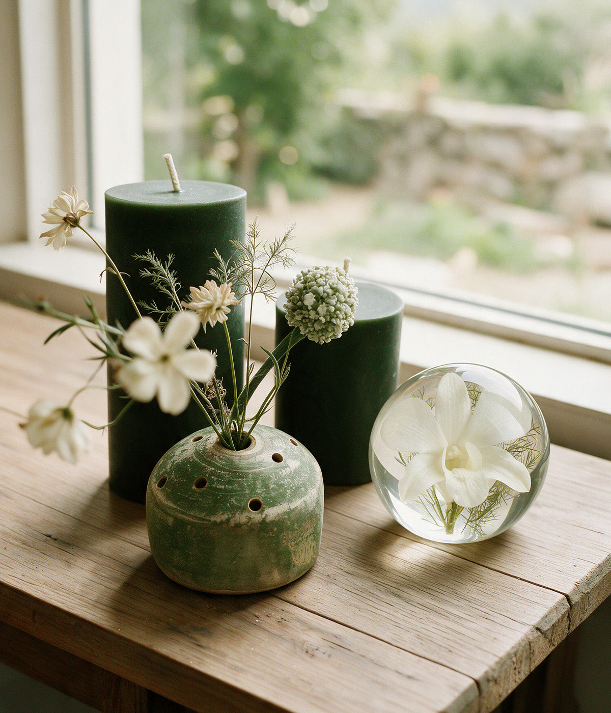 Garden Sage terracotta flower frog vase arranged with white flowers beside green pillar candles and a botanical resin paperweight