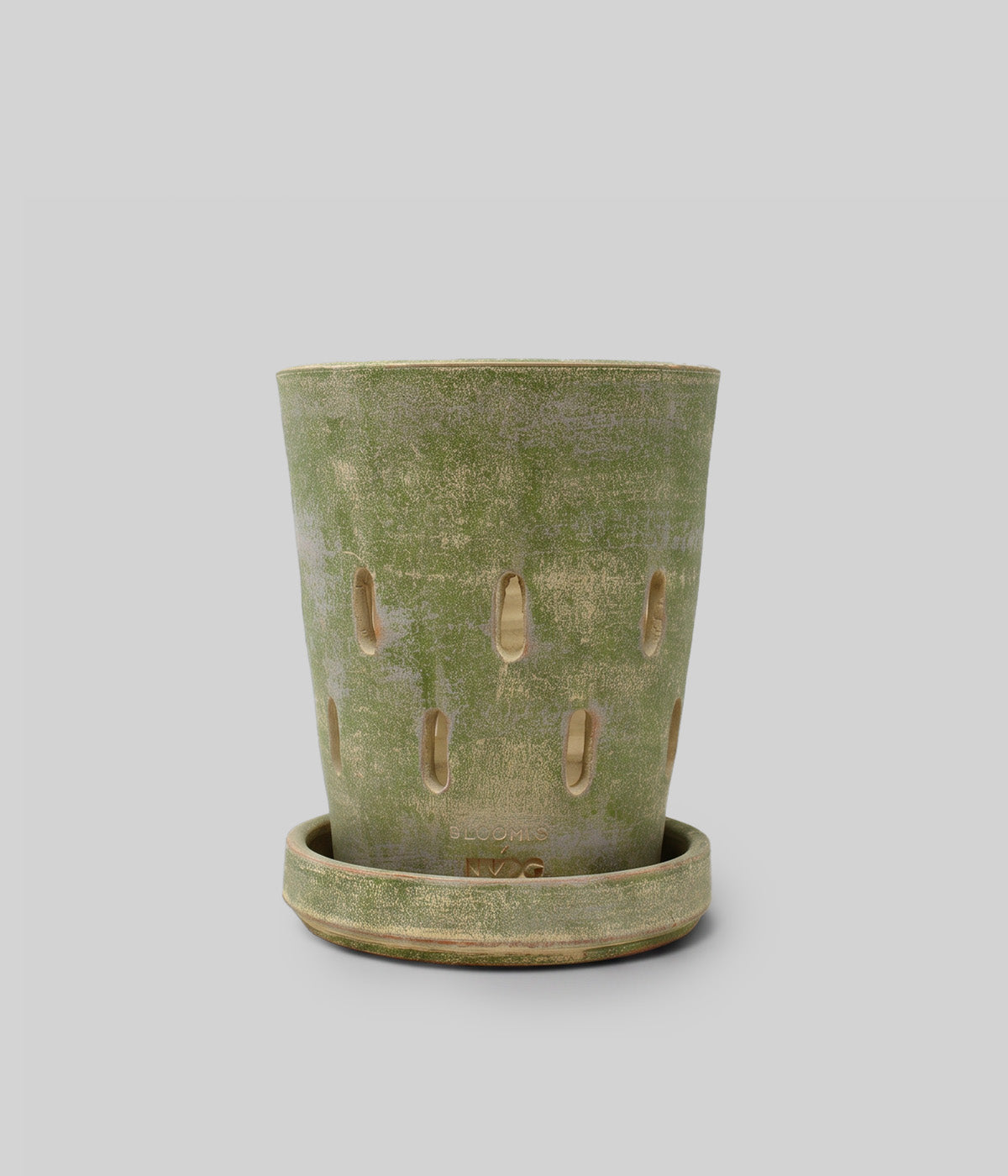 Bloomist x NYBG Garden Sage terracotta orchid pot with vertical side openings, gently tapered form, and coordinating tray