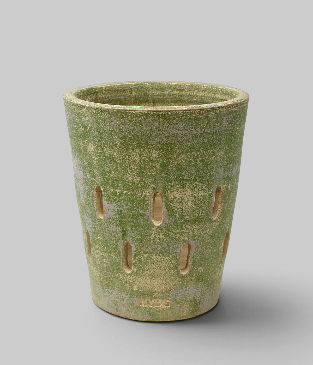 Garden Sage terracotta orchid pot without tray, showing its tapered profile, vertical openings, and impressed front branding