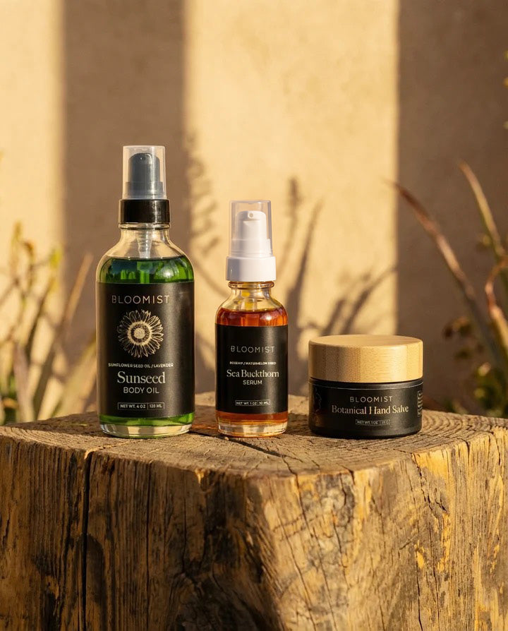 Sea Buchthorn Serum, Sunseed Body Oil, and Botanical Hand Salve from Bloomist