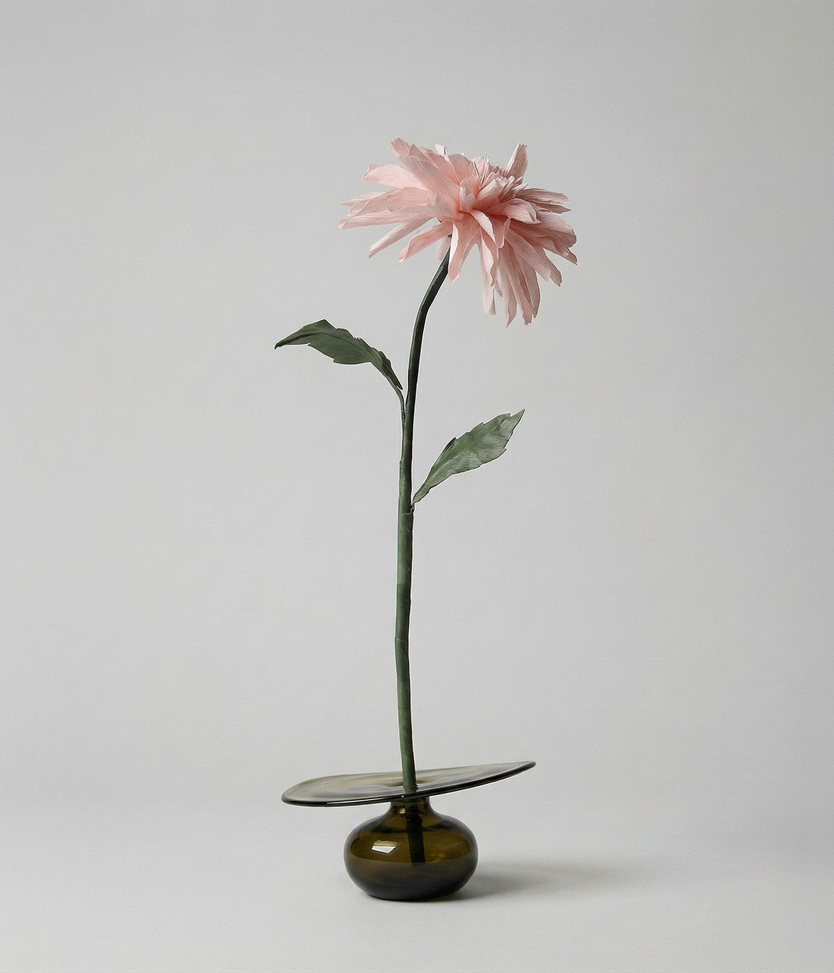 Pink Chrysanthemum wax paper flower in a small glass base