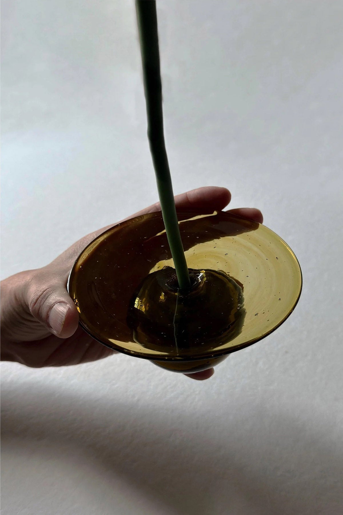 Glass base holding the stem of a beeswax-coated paper flower