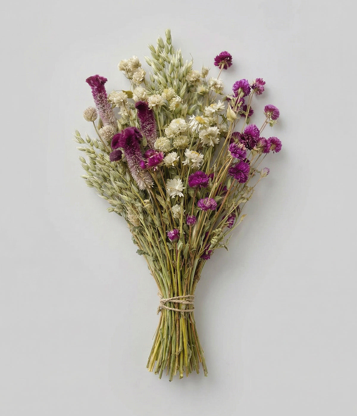 Dried celosia field bouquet with burgundy cockscomb, plum globe amaranth, and cream ammobium