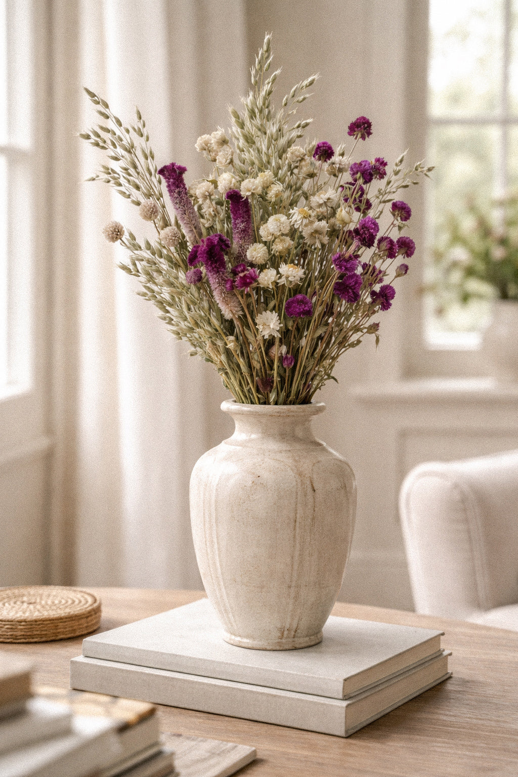 Clara dried floral bouquet styled in a neutral ceramic vase with plum, cream, and burgundy tones