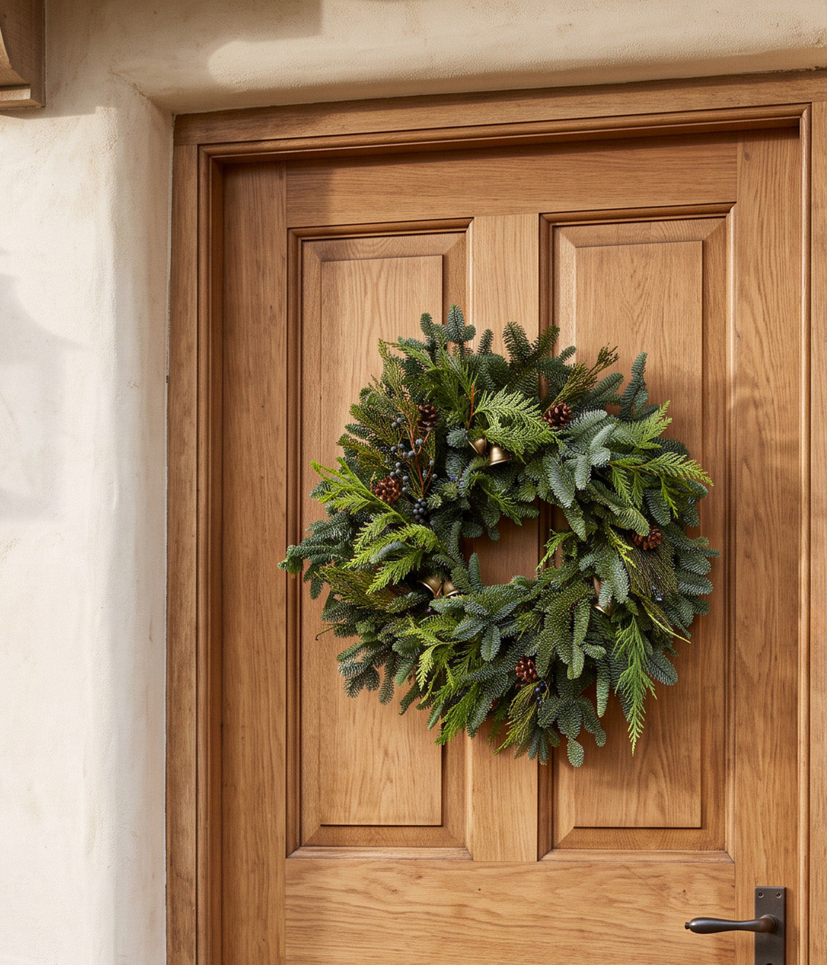 Clara fresh juniper and bell wreath with mixed evergreen branches, blue berries, pine cones, and brass bells hanging on a wooden front door.