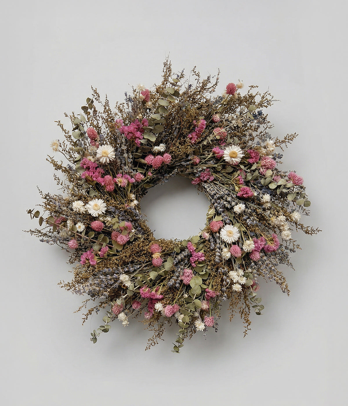 Camille dried pink wreath with blush globe amaranth, white daisies, and silvery eucalyptus