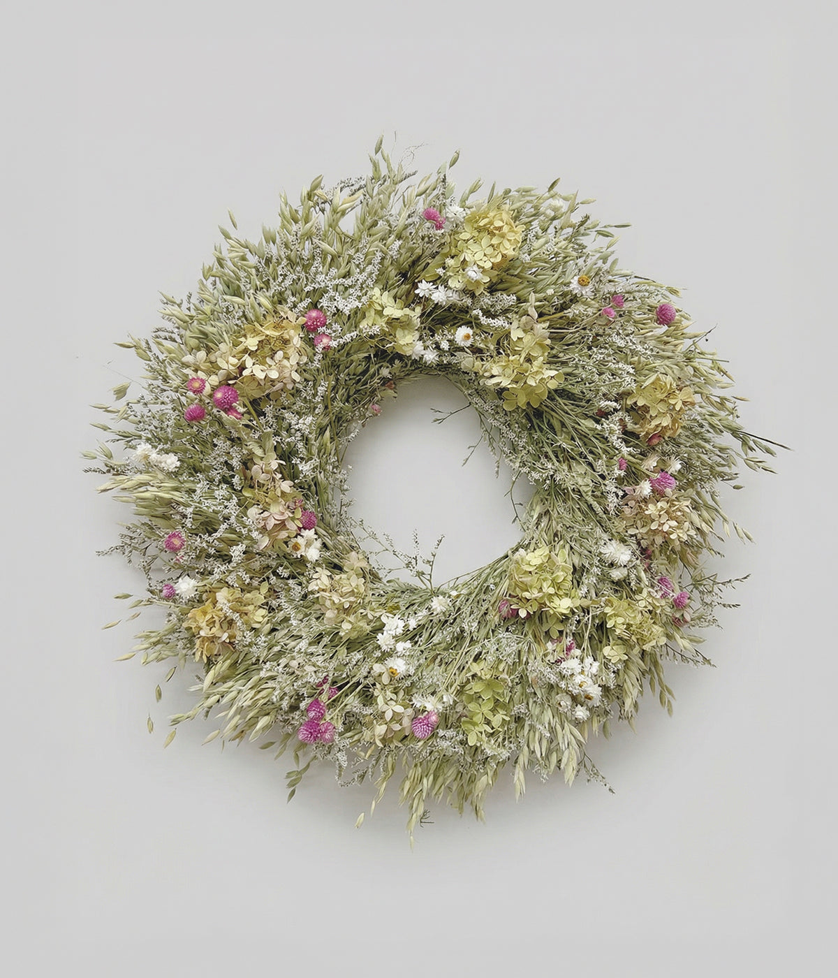 Eleanor dried hydrangea wreath with creamy whites, muted greens, and blush globe amaranth accents