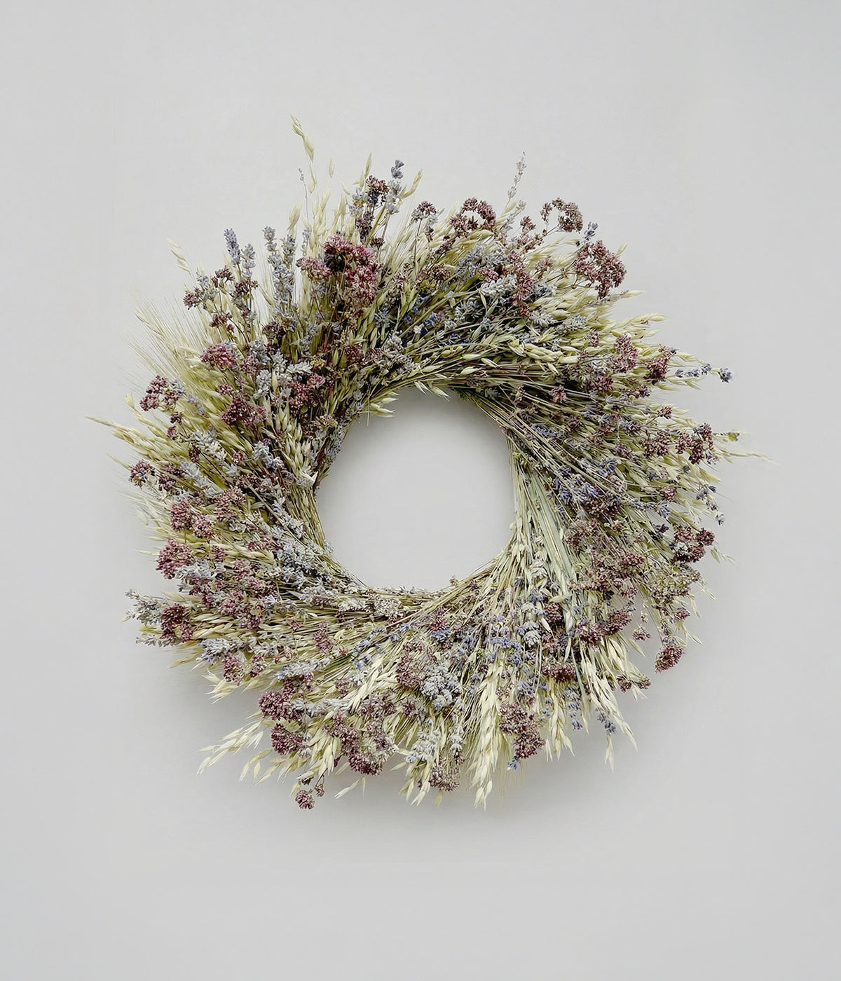 Beatrice dried lavender wreath with pale oats, green wheat, and dusty pink oregano clusters