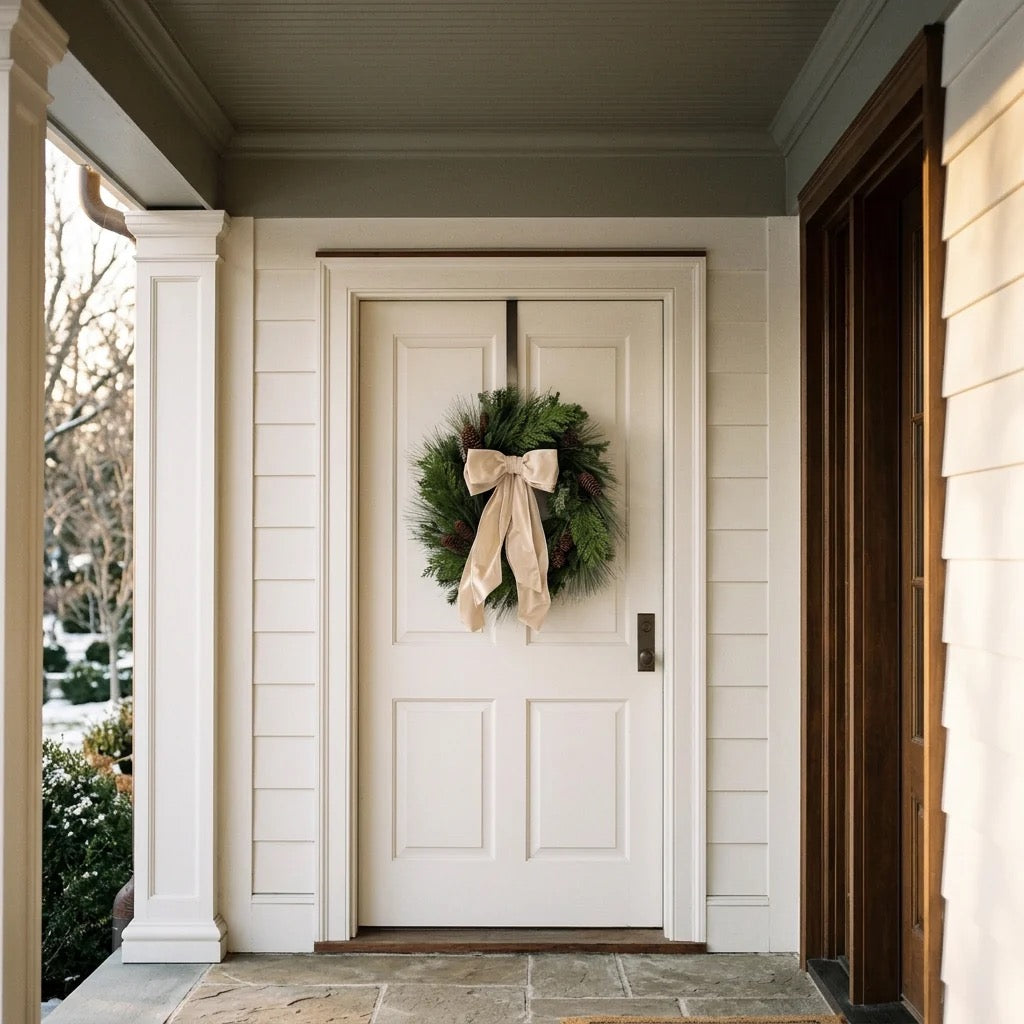 Fresh pine wreath with ivory velvet bow and spruce pine cones displayed on a sheltered front door
