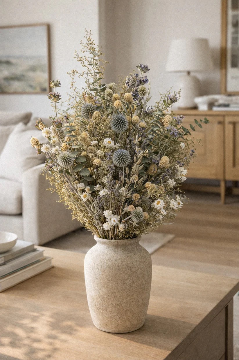 Everly dried flower bouquet with soft green, muted botanicals styled in a ceramic vase 
