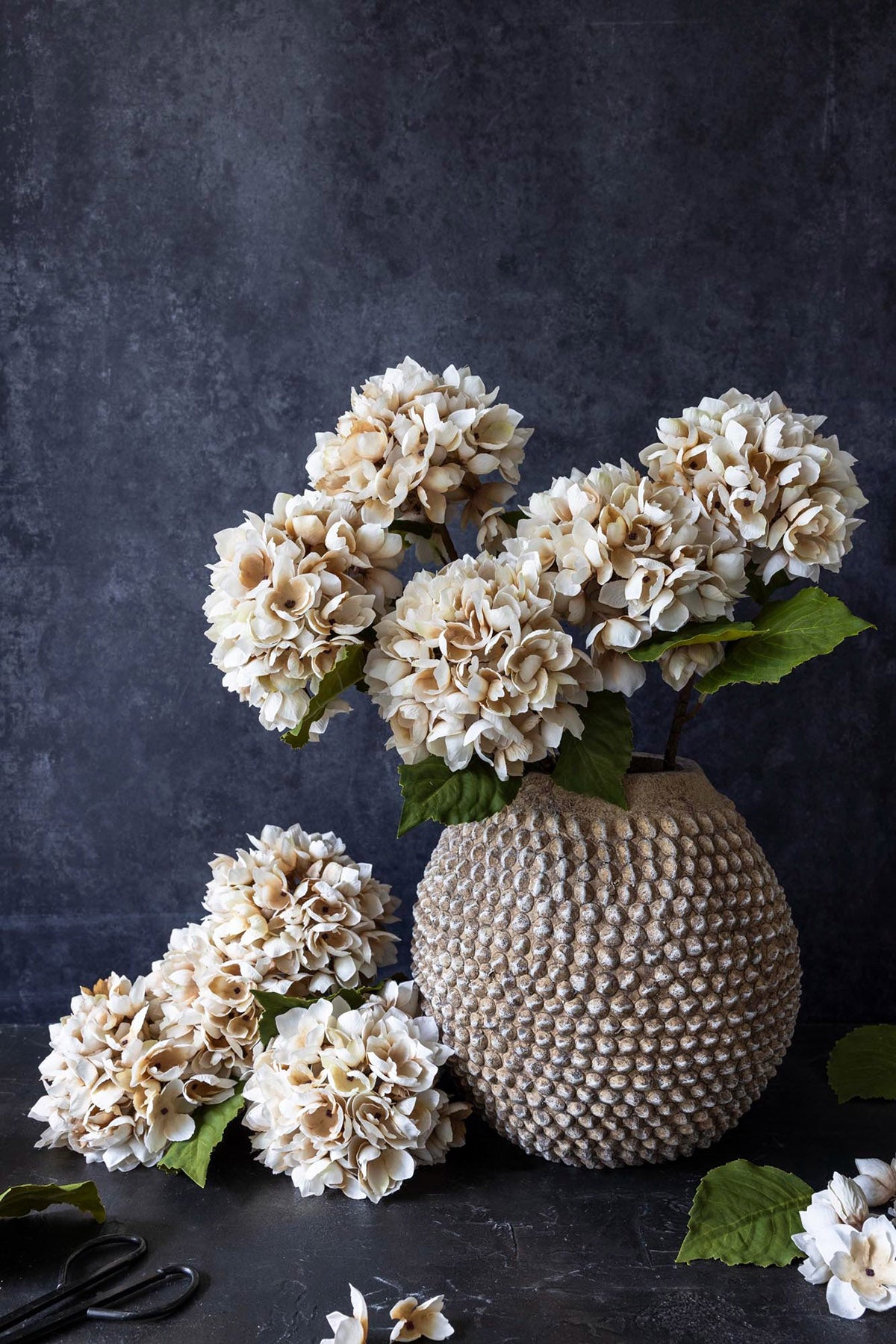 Faux hydrangea morning mist with lifelike champagne petals for dining tables or consoles