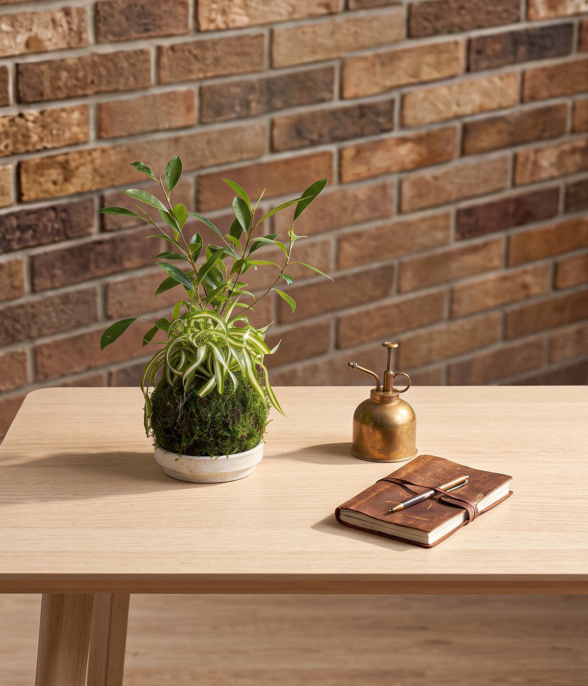 Ficus Ginseng and Spider Plant kokedama on a wood table with white patina tray