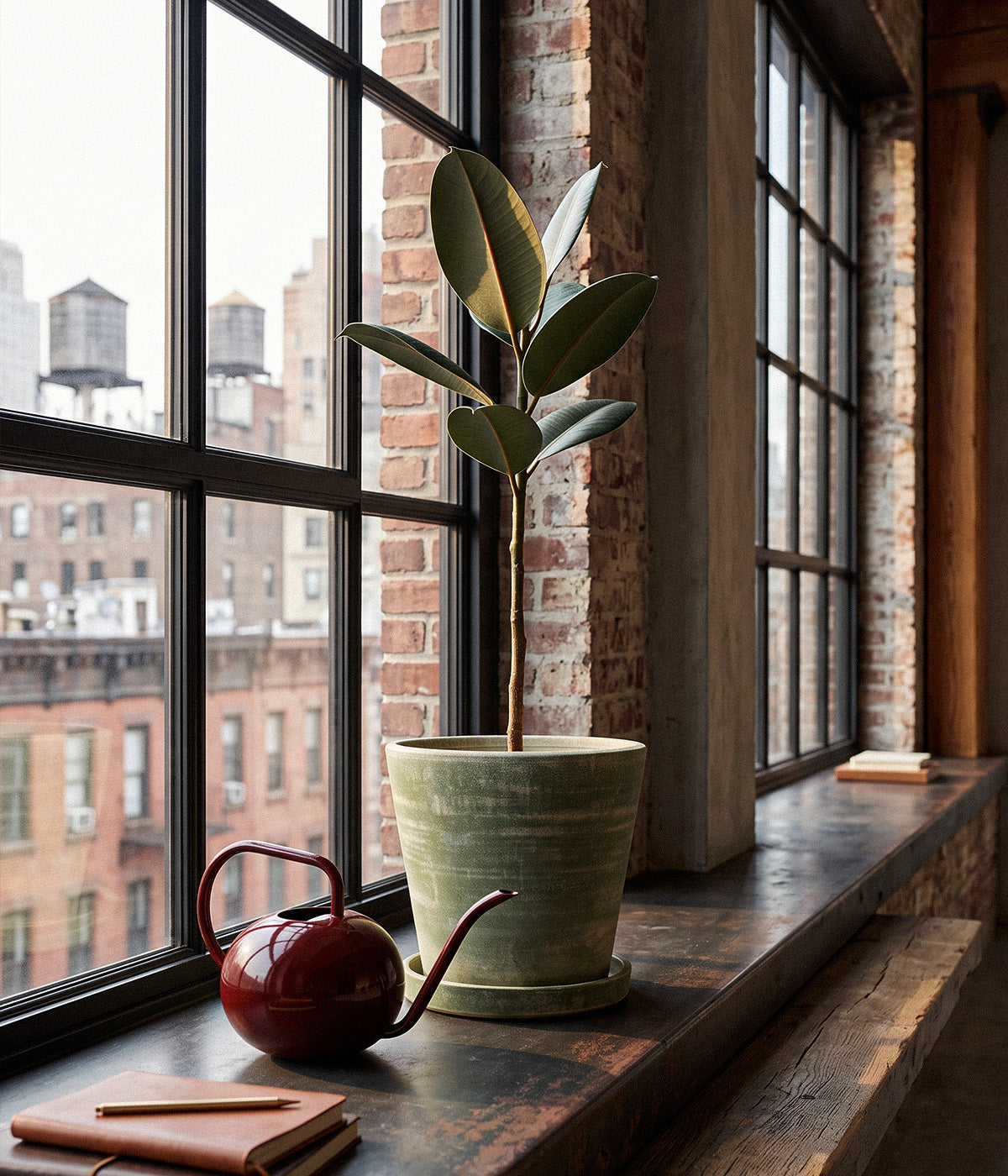 Tall green houseplant in a Garden Sage terra cotta planter beside a burgundy watering can on an indoor window ledge
