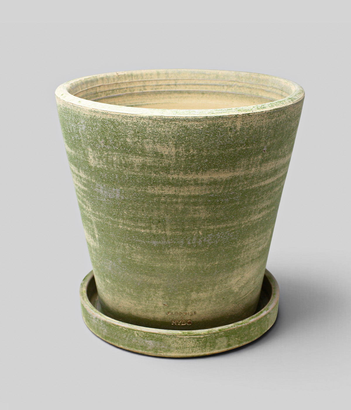 XXX-large Bloomist x NYBG Garden Sage planter with broad open top, tapered sides, and coordinating terra cotta tray