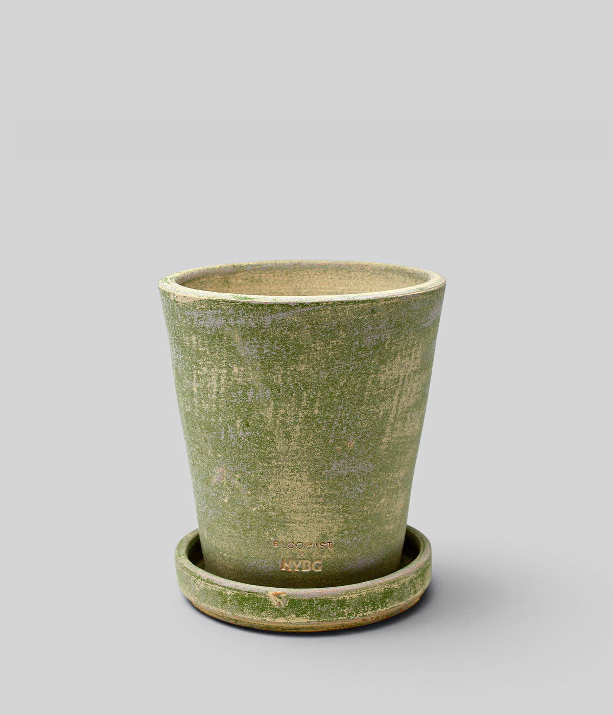 Large Garden Sage terra cotta planter with matching tray, broad open rim, and softly varied green and cream surface