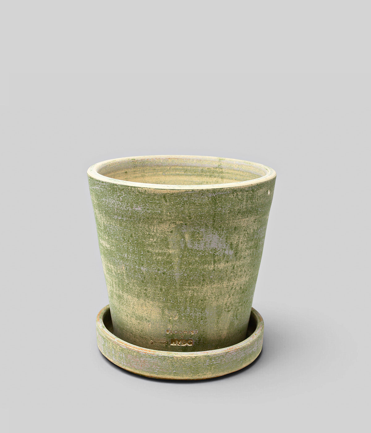 Extra-large Bloomist x NYBG Garden Sage planter with tapered form, matching tray, and impressed mark near the base