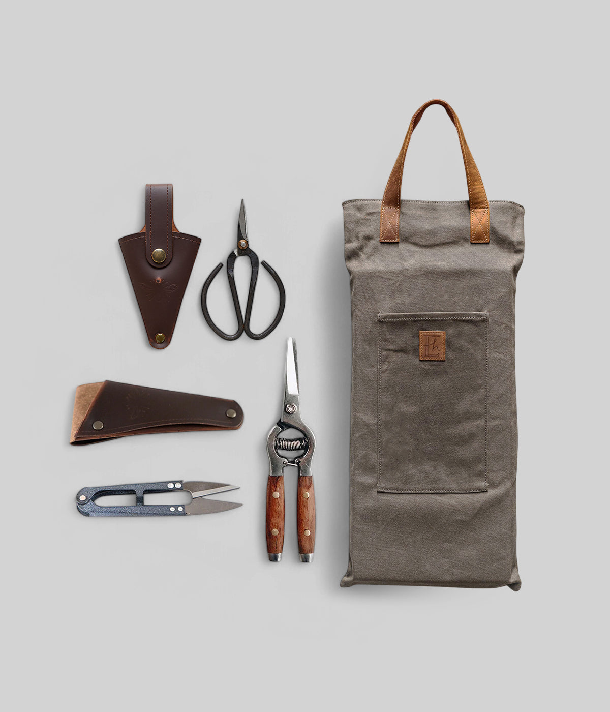 Garden Tool Set with redwood shears, leather snips, scissors and canvas kneeler