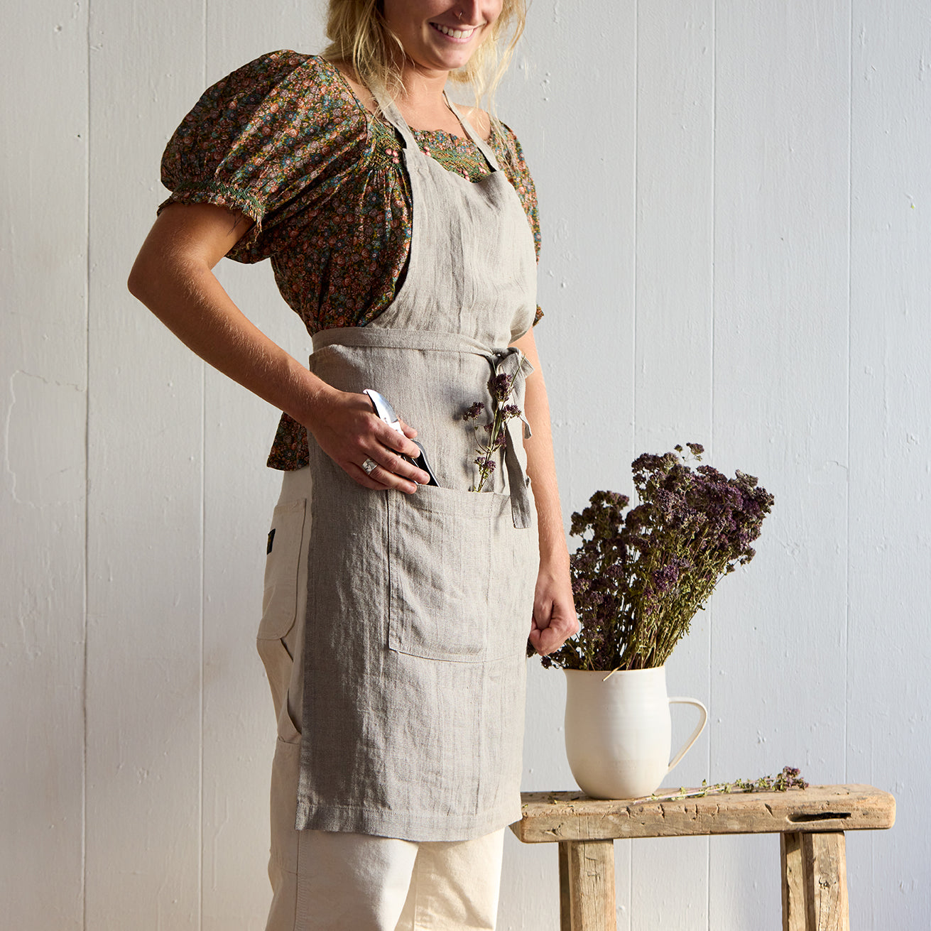 Stonewashed European linen apron with front pockets for kitchen or garden use