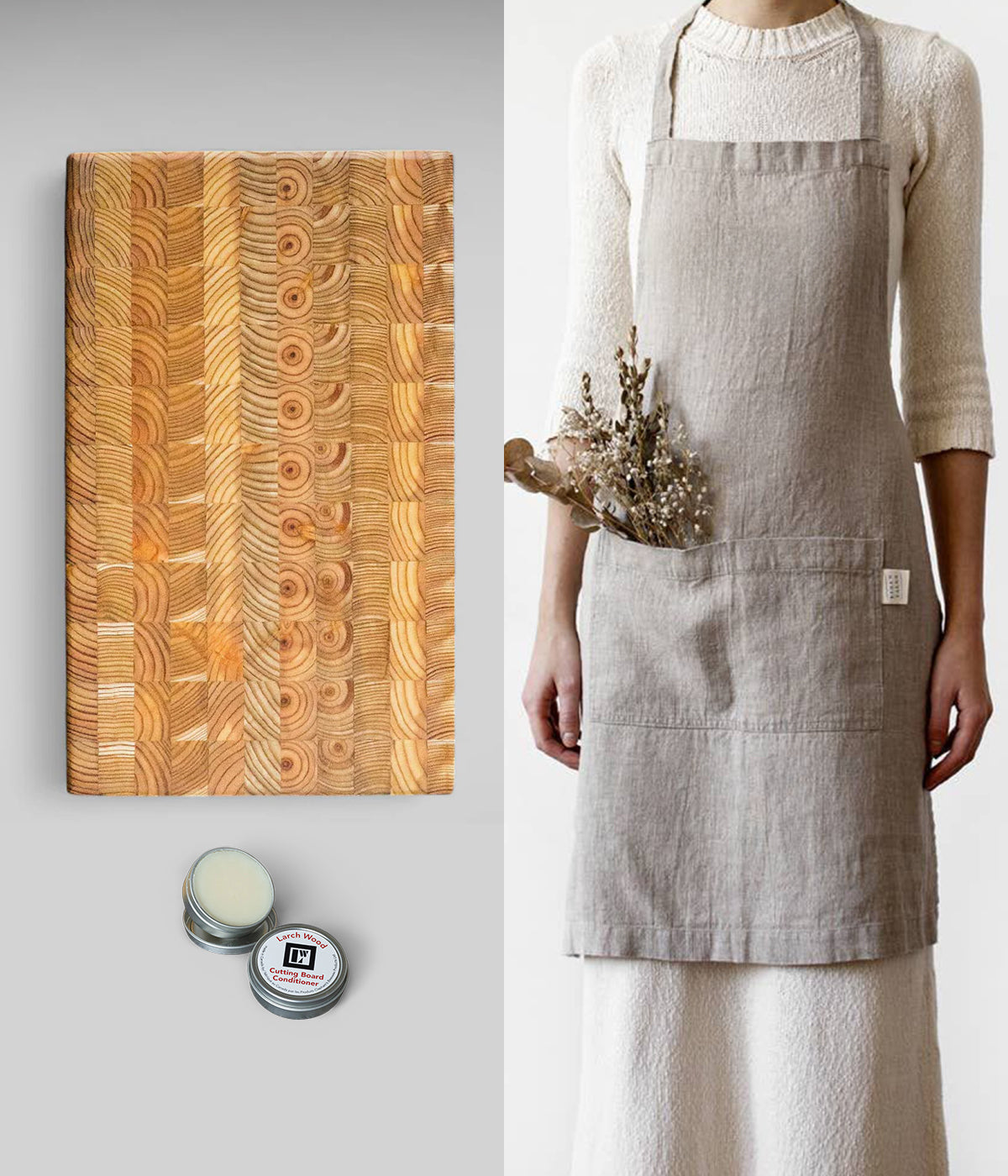 Larch Wood Cutting Board, Butcher Block Conditioner, and Linen Apron Set