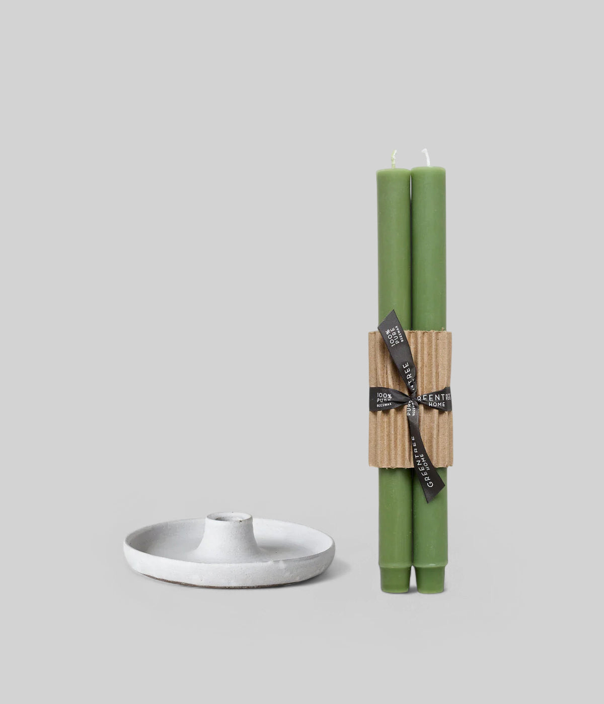 Ceramic Candlestick Holder and Beeswax Taper Candles in sage green