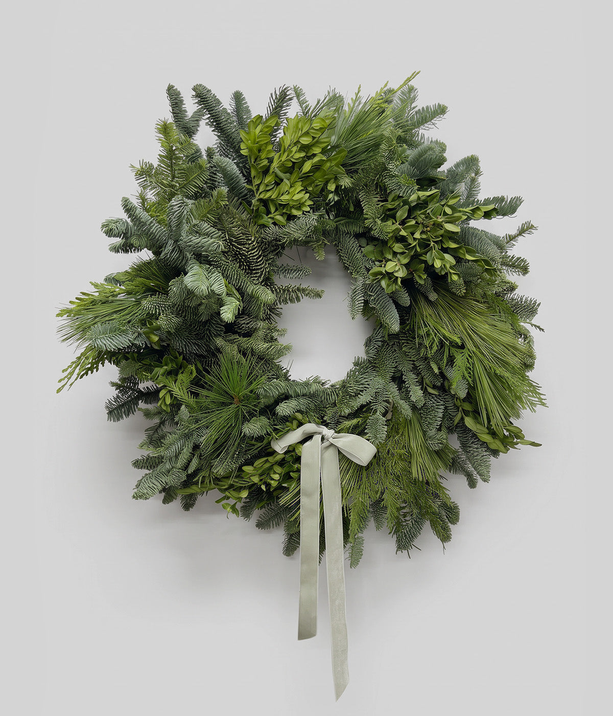 Hazel traditional Christmas wreath with fresh boxwood, cedar, pine, fir, and sage velvet bow