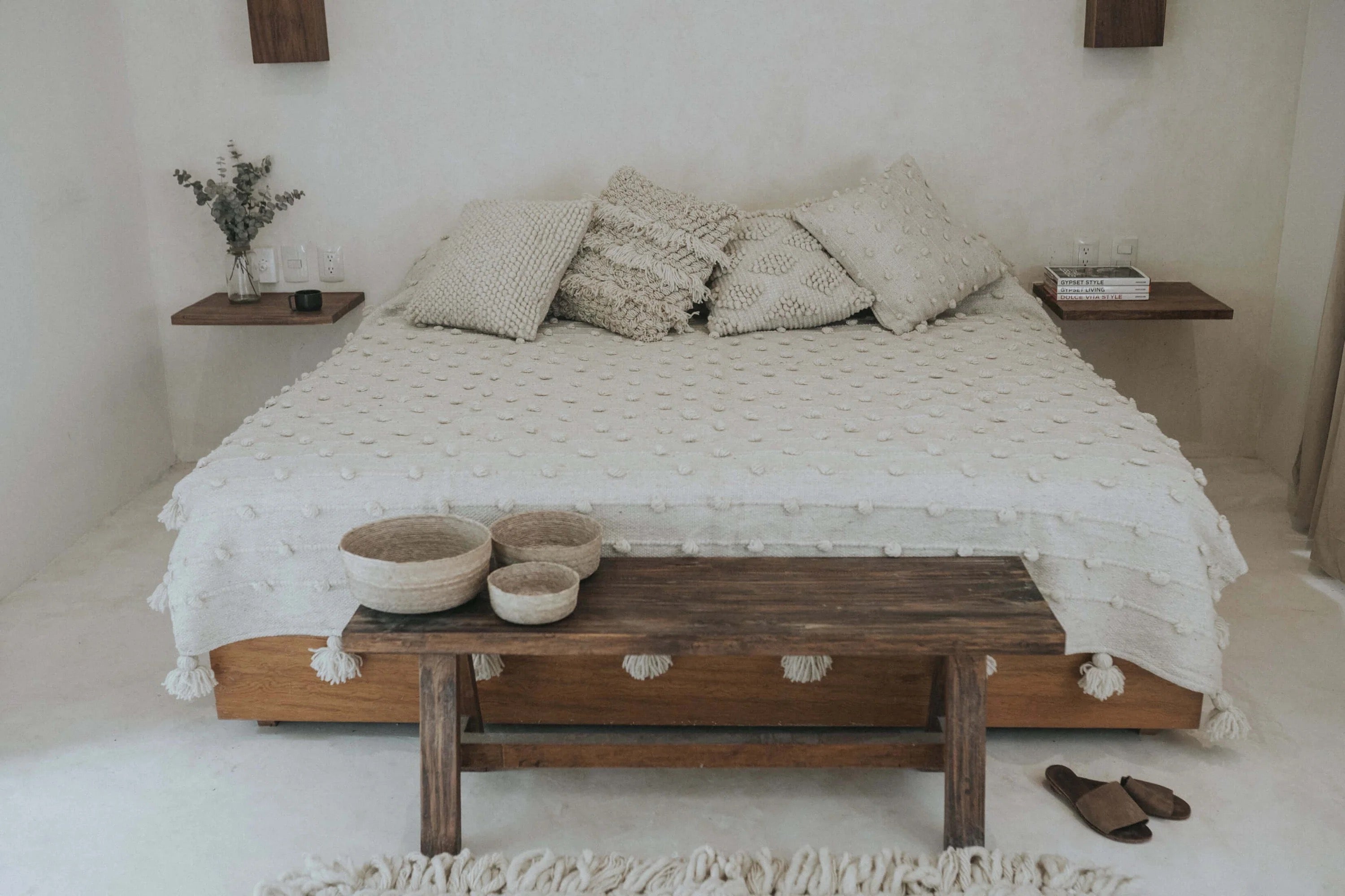 Textured cream pillow made on a traditional foot pedal loom