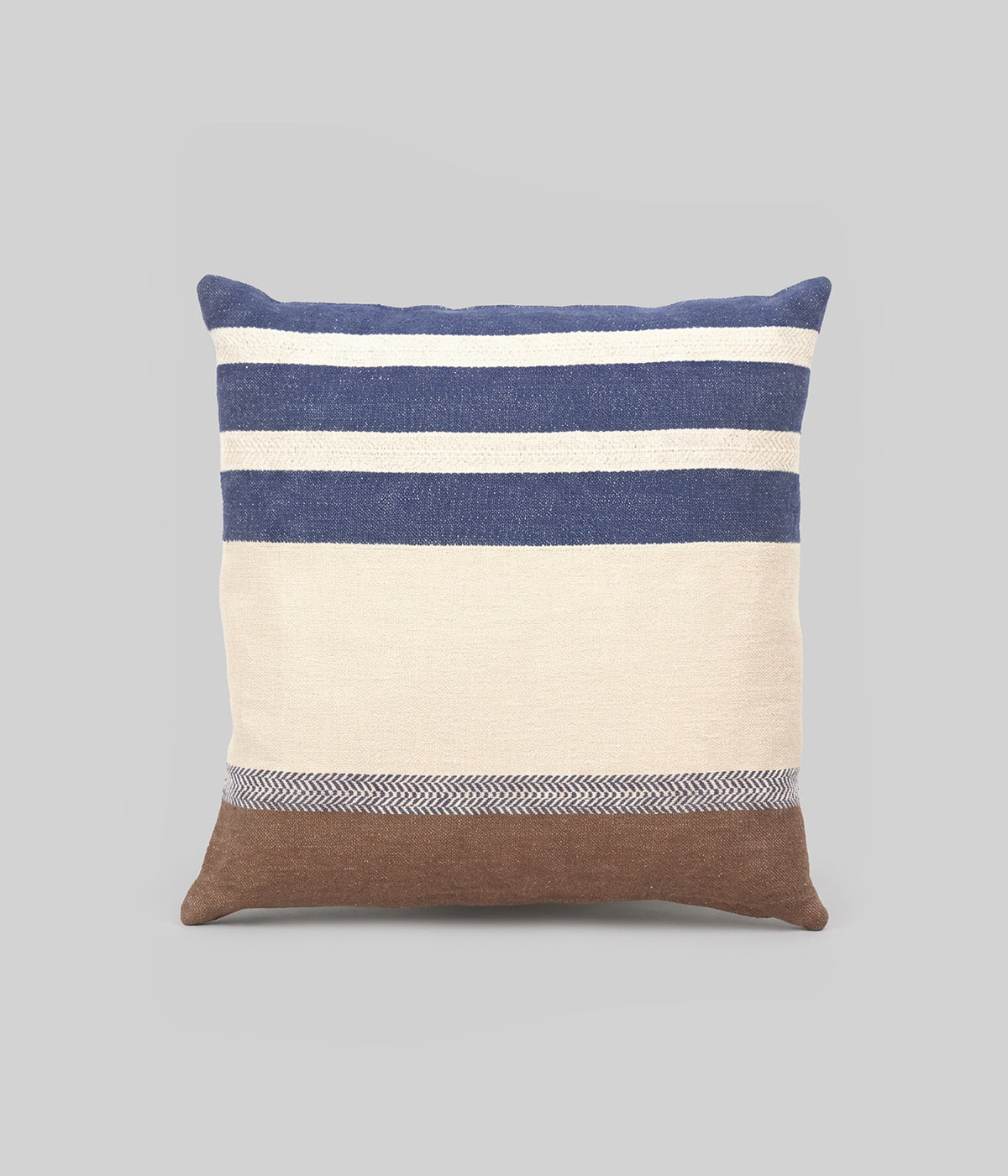 Belgian linen pillow cover with indigo, beige, and brown colors