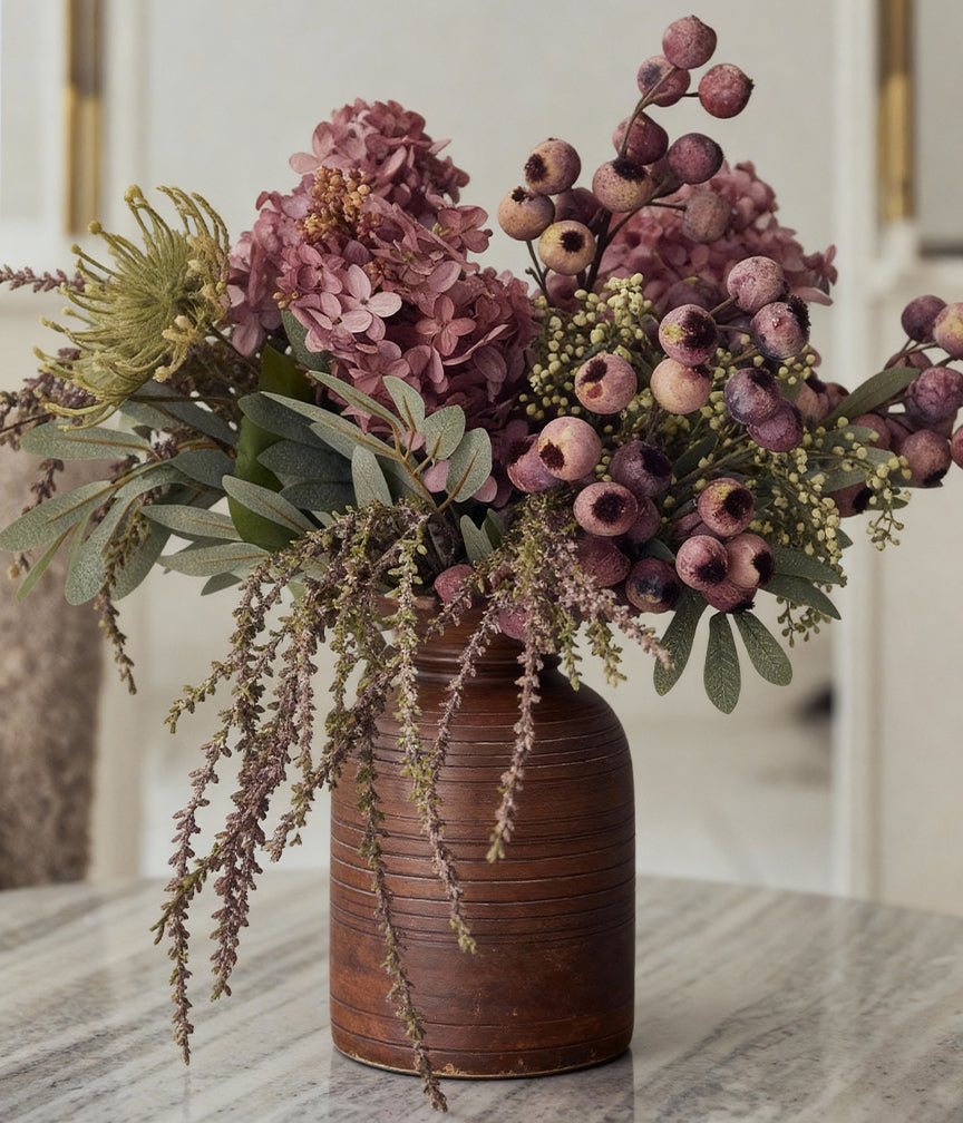 Tall Faux Flower Arrangement with hydrangea, amaranthus, willow, and berries