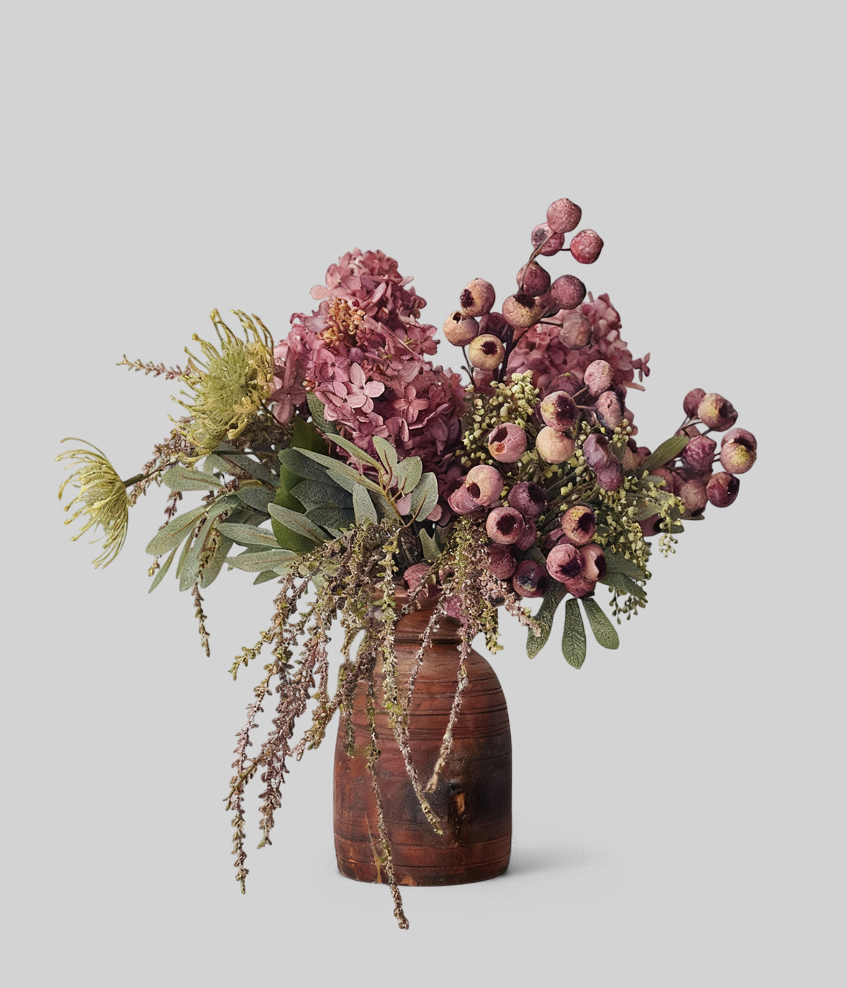 Ophelia blush faux flower bouquet with blush amaranthus hydrangeas and berry accents