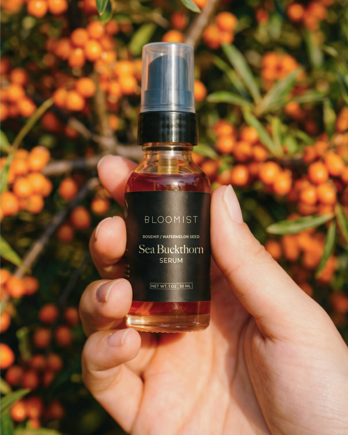 Omega-rich sea buckthorn facial serum in 1 oz pump bottle