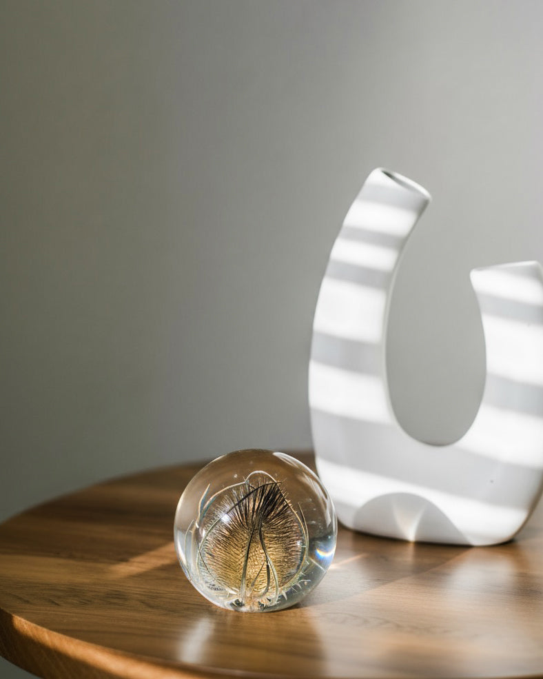 Botanical glass paperweight containing a golden thistle displayed on a wooden table next to a white ceramic decor piece
