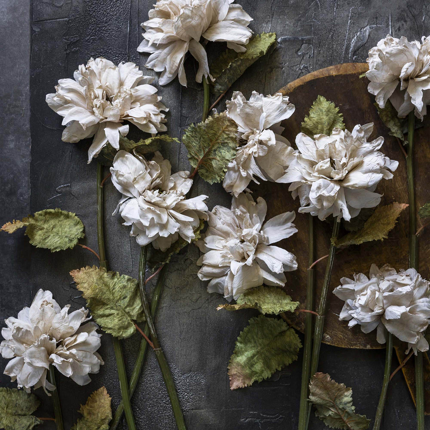 Artificial dahlia flower stems styled flat lay with green leaves on dark surface
