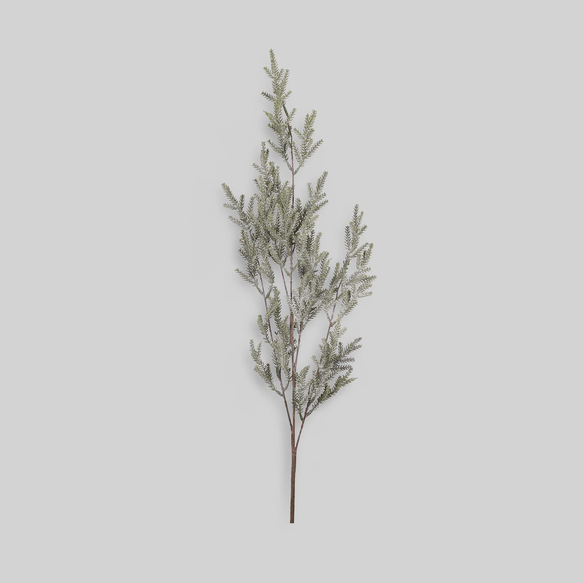 Faux pine branch featuring fine-textured frosted needles and natural form