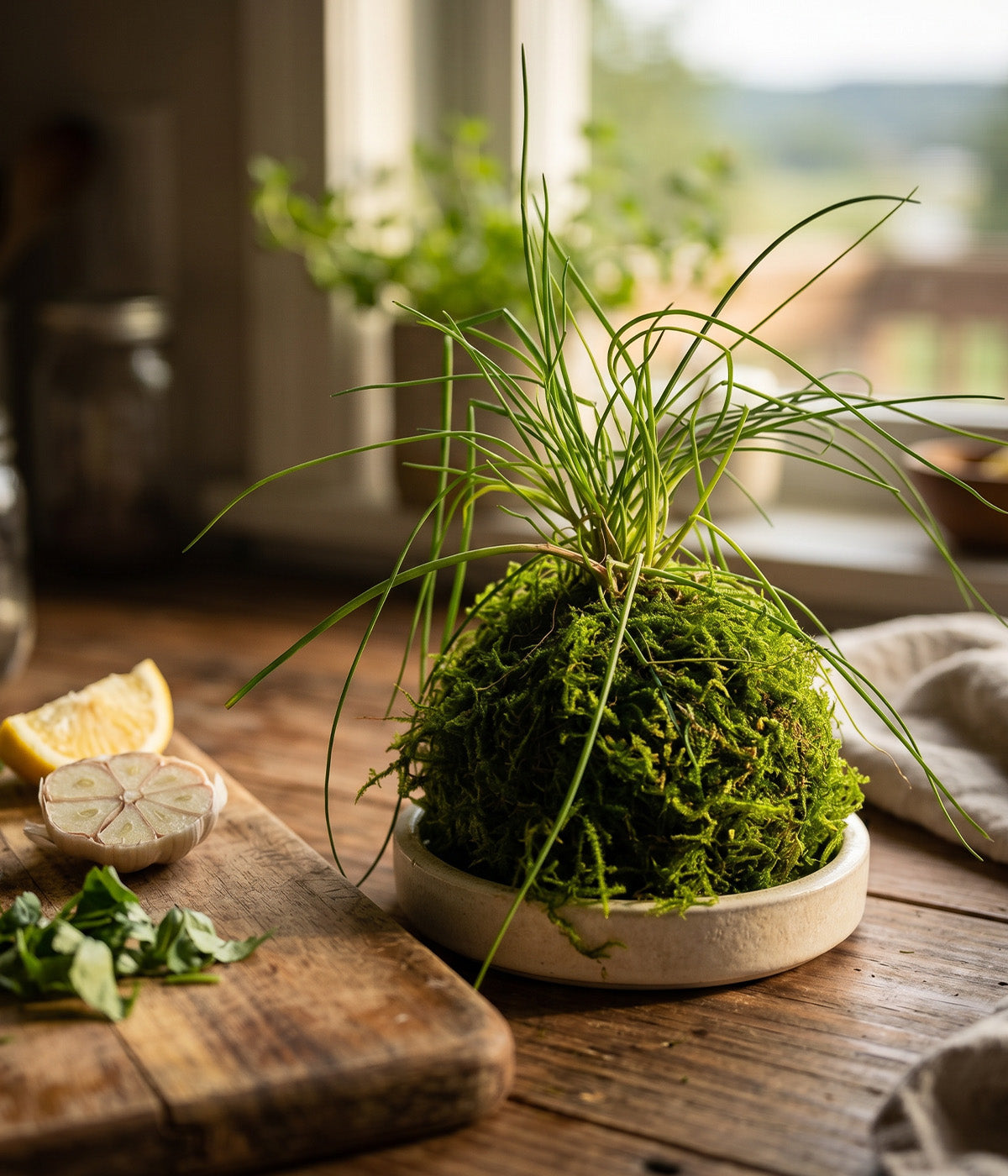 Indoor chive plant shaped into a compact moss sphere