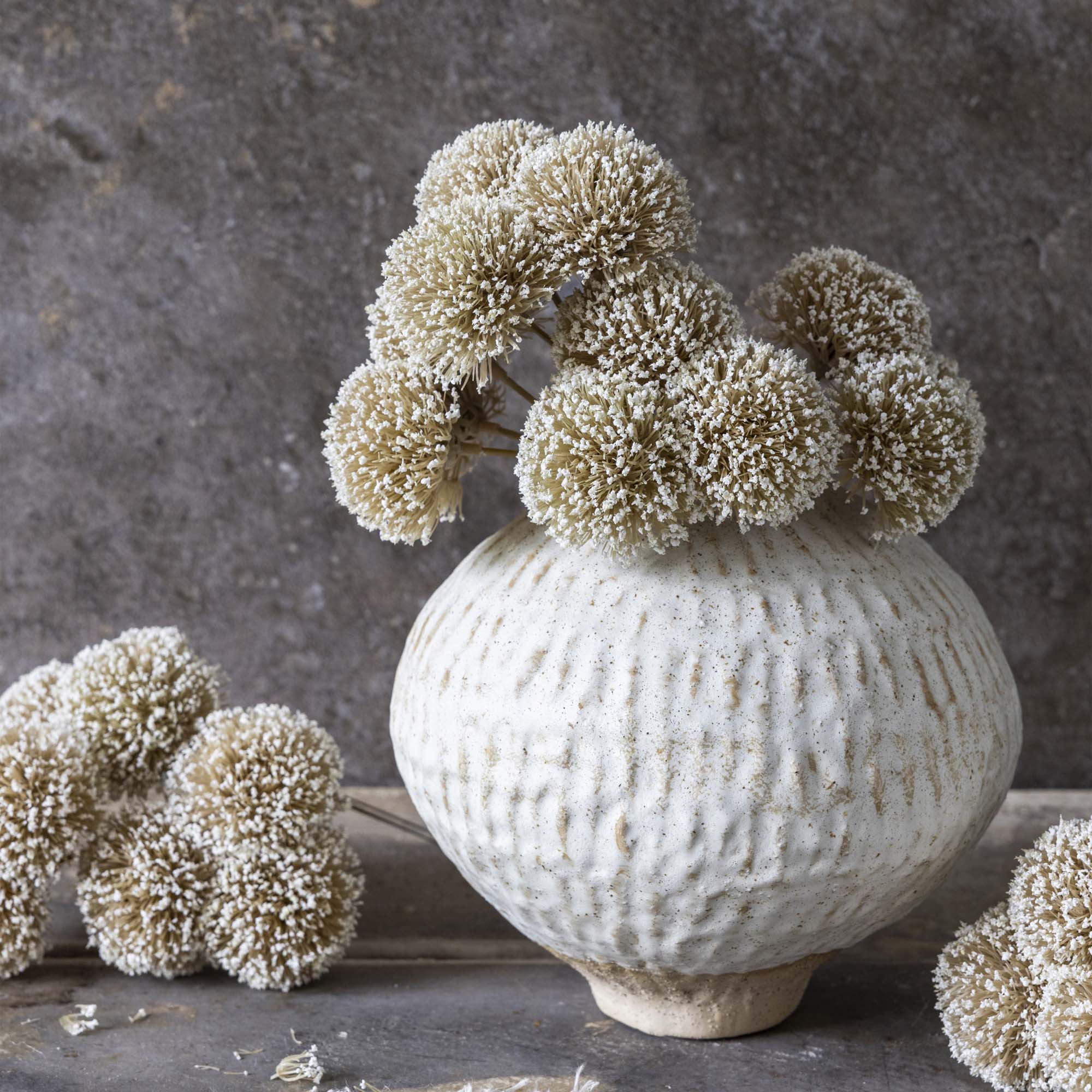 Artificial Allium Flowers styled in a ceramic round vase
