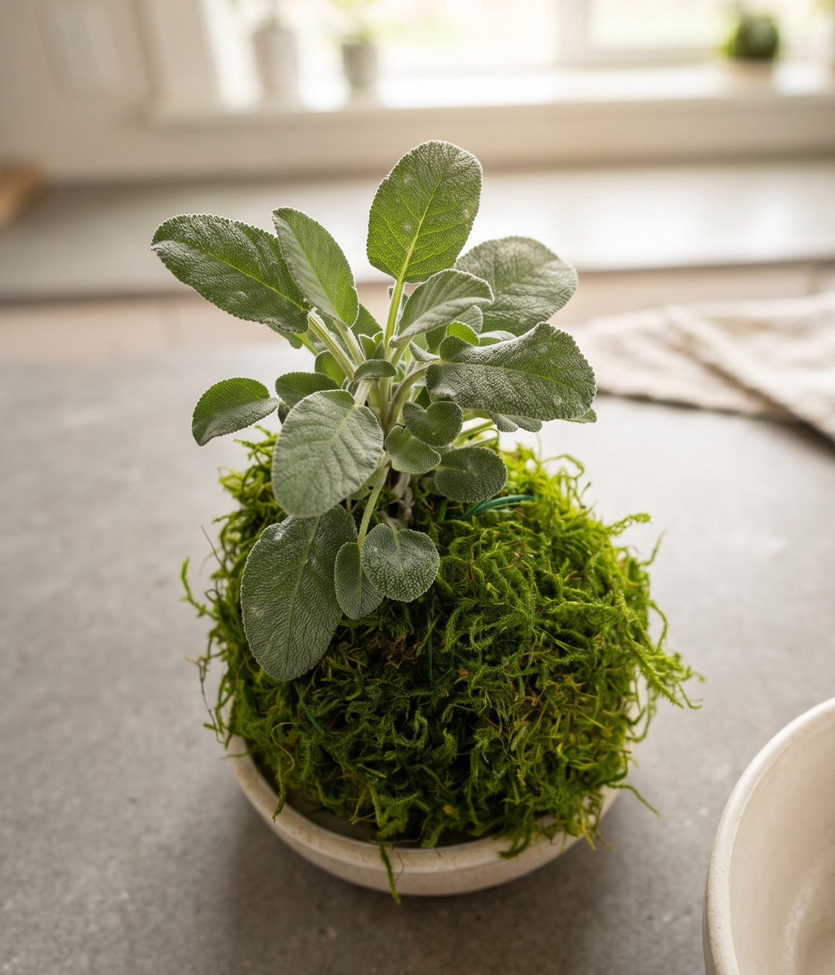 Culinary sage plant shaped into a compact moss sphere