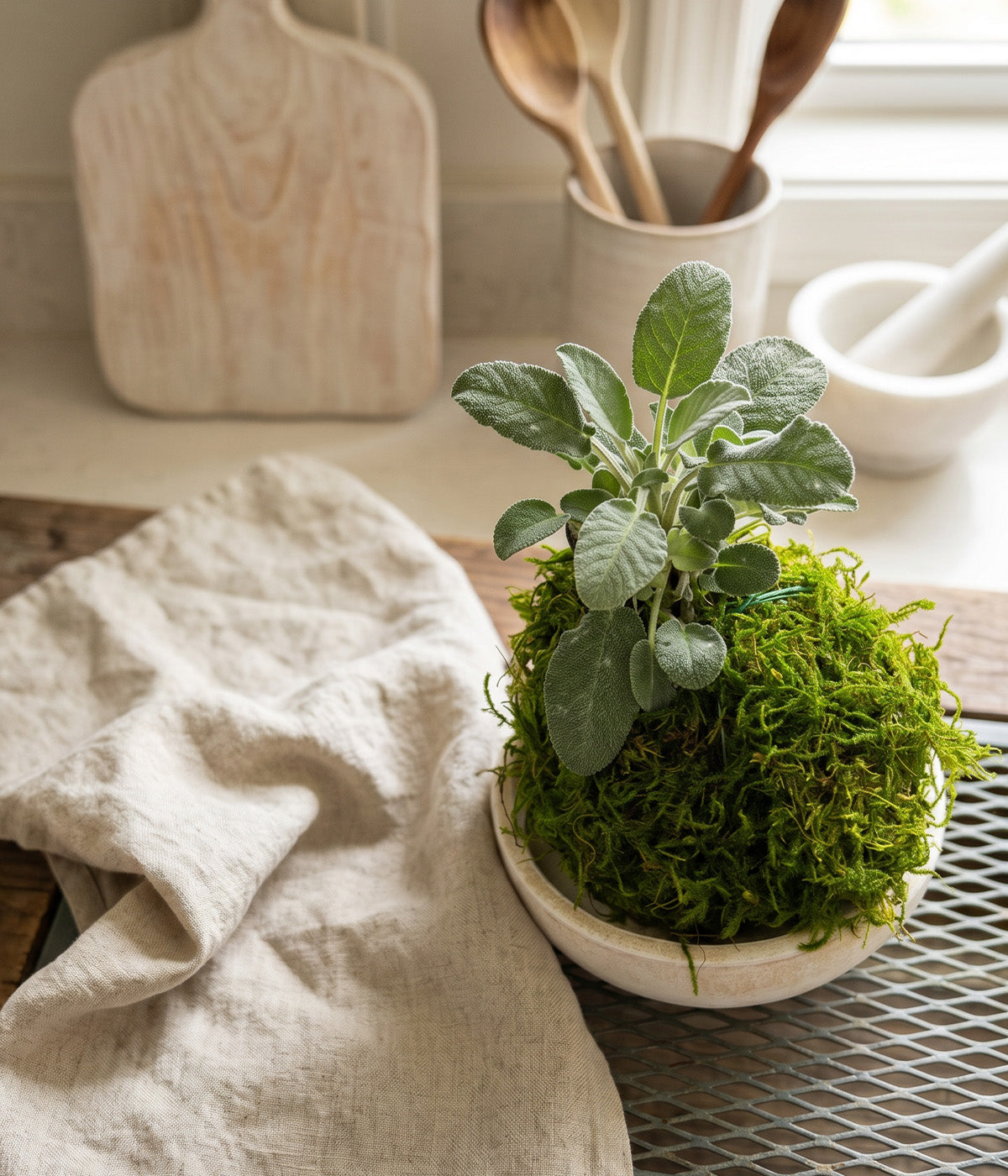indoor sage plant with velvety leaves and soil root ball
