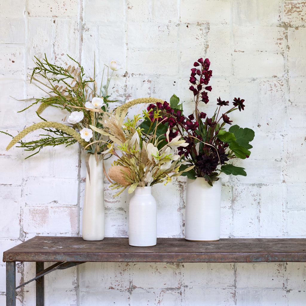 EcoFaux Winter Rubrum Bouquet + Stoneware Tall Cylinder Vase